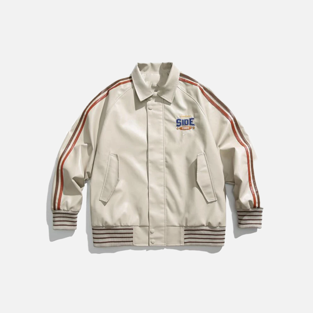Y2K Elevated Solid PU Leather Motorcycle Varsity Jacket - Luxuryurbanwear