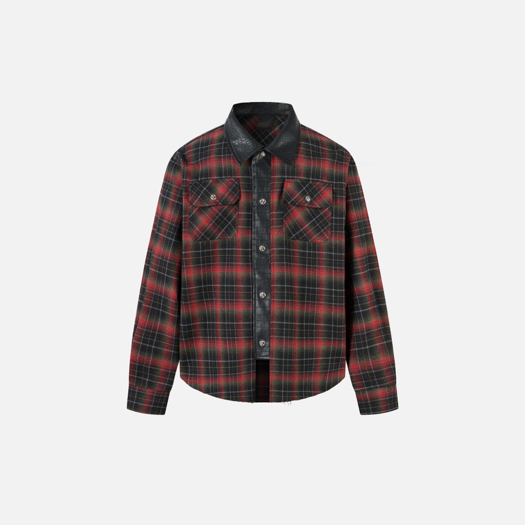 Plaid Single Breasted PU Leather Long Sleeved Shirt - Luxuryurbanwear
