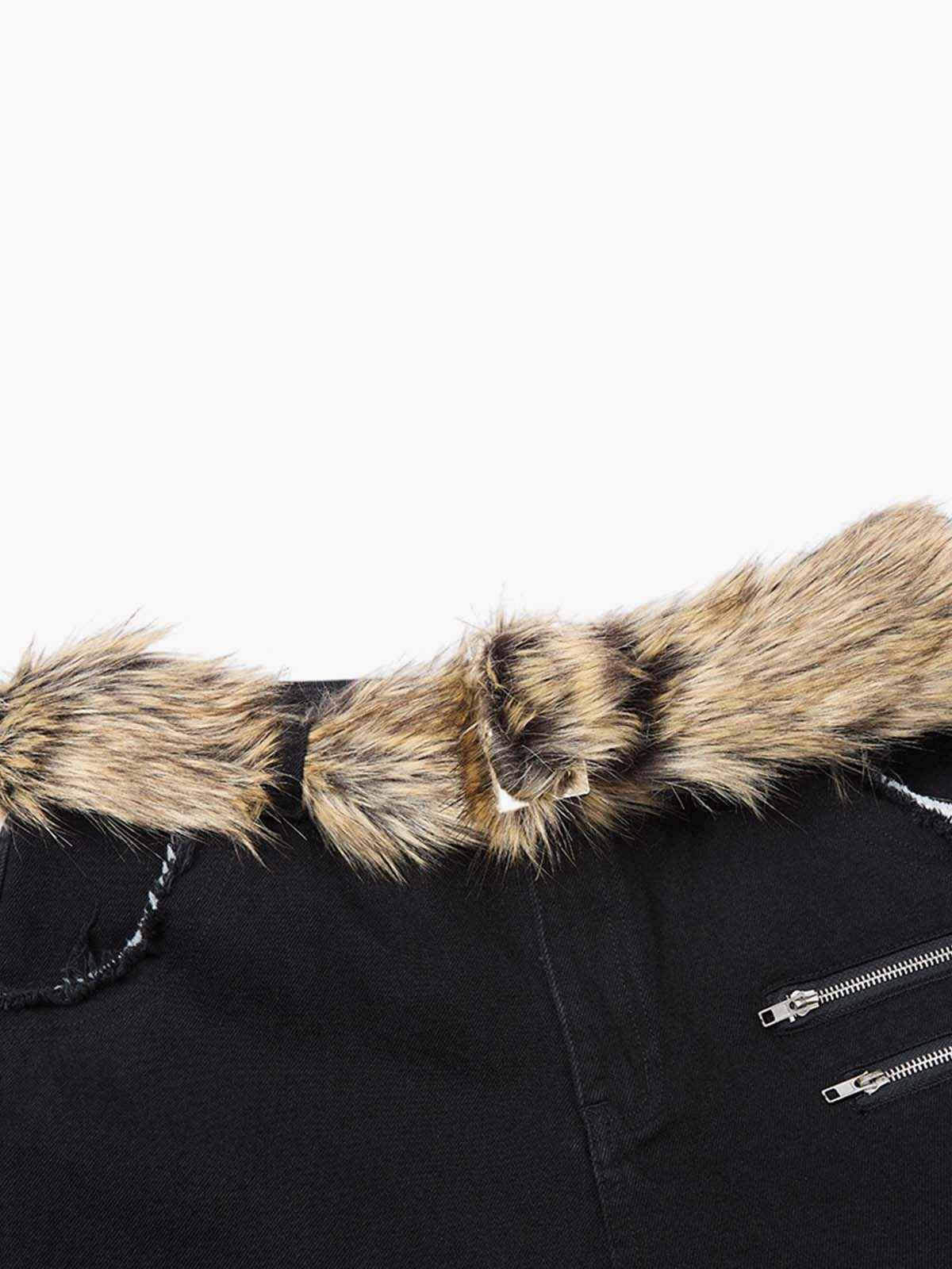 Faux Fur Trim Detail Multi-Pocket Wide Leg Cargo Jeans
