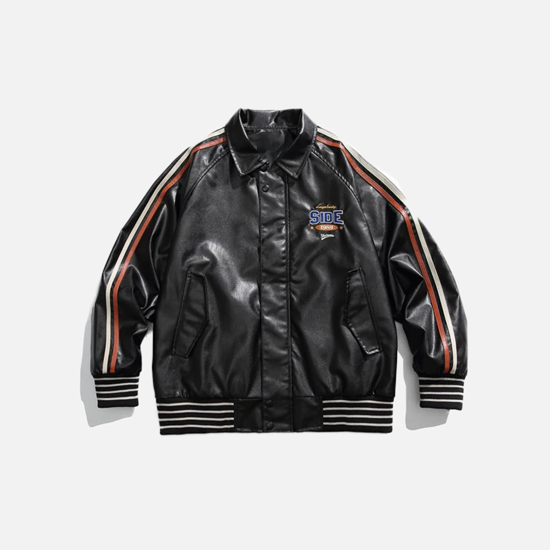 Y2K Elevated Solid PU Leather Motorcycle Varsity Jacket - Luxuryurbanwear