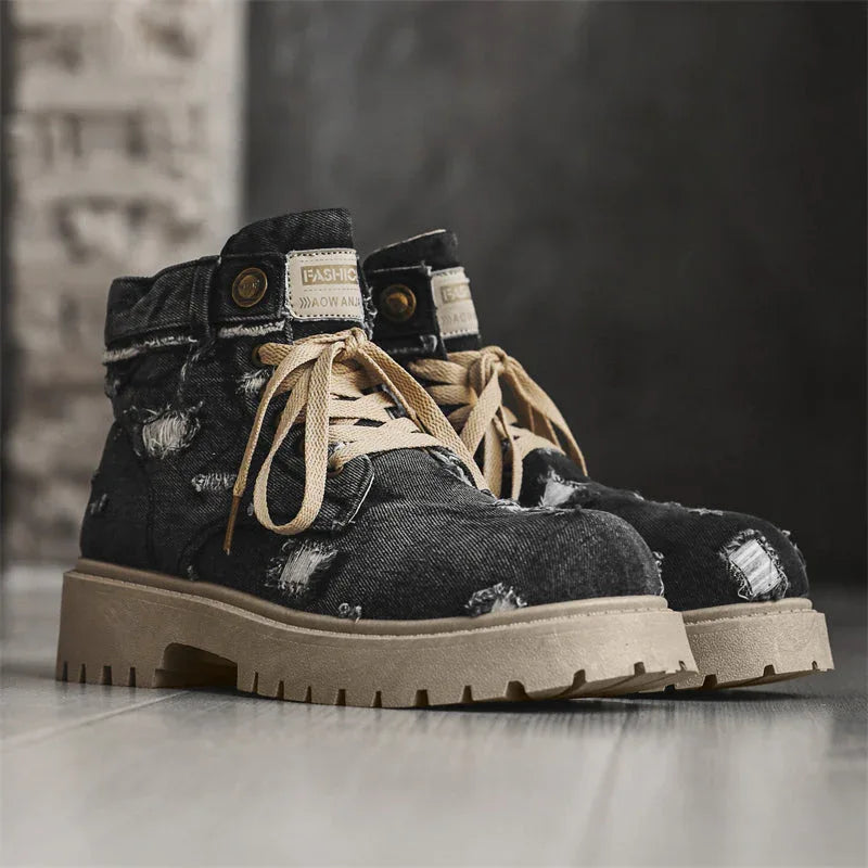 LUW Distressed Denim Combat Boots - Luxuryurbanwear