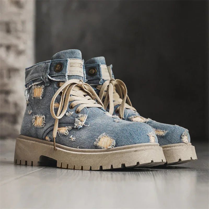 LUW Distressed Denim Combat Boots - Luxuryurbanwear