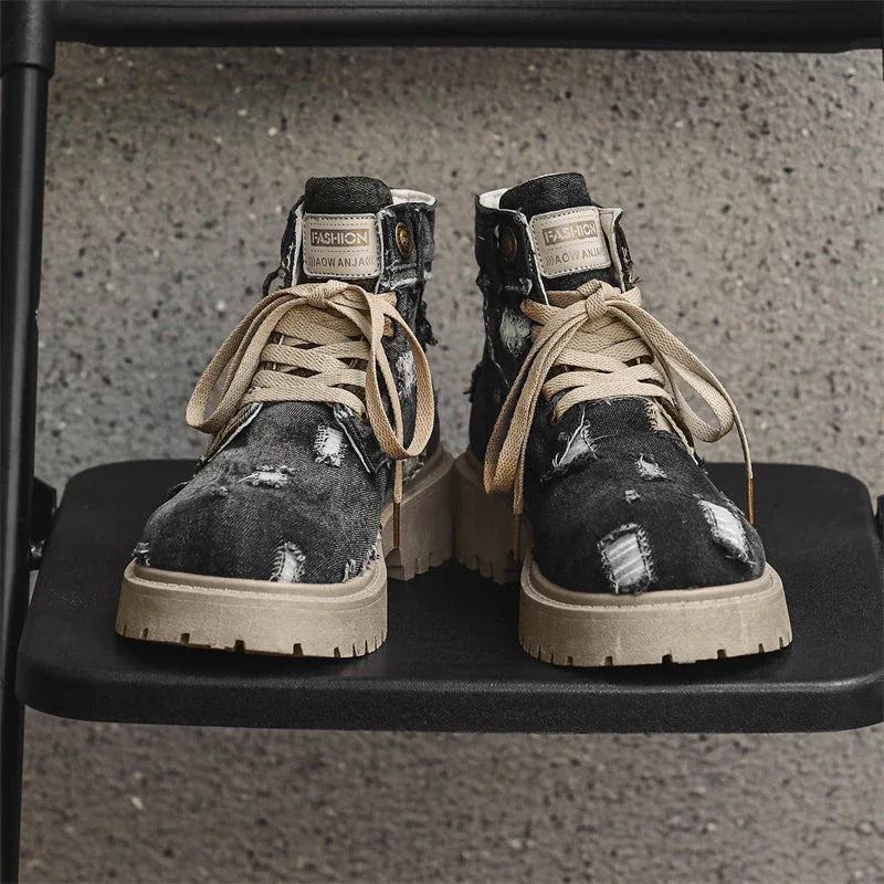 LUW Distressed Denim Combat Boots - Luxuryurbanwear