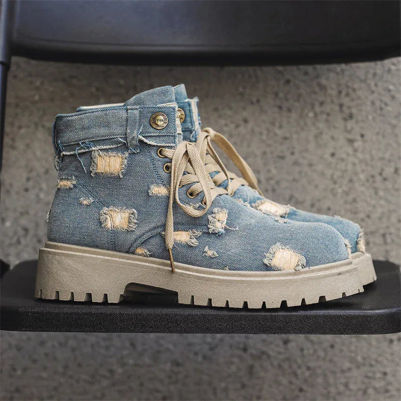LUW Distressed Denim Combat Boots - Luxuryurbanwear