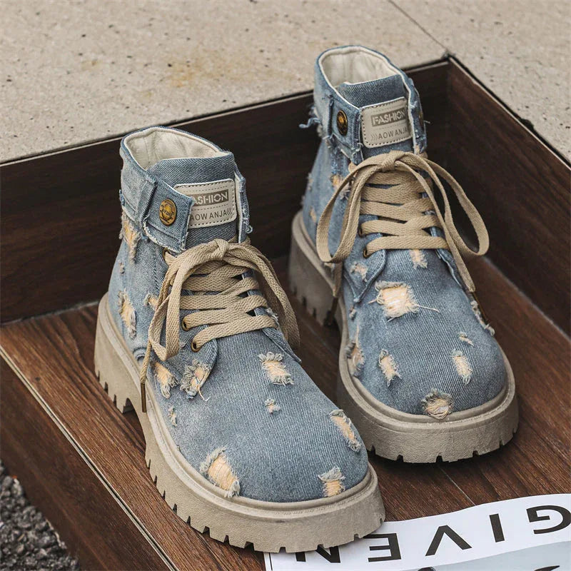 LUW Distressed Denim Combat Boots - Luxuryurbanwear