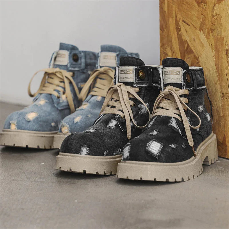 LUW Distressed Denim Combat Boots - Luxuryurbanwear