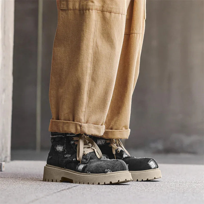 LUW Distressed Denim Combat Boots - Luxuryurbanwear