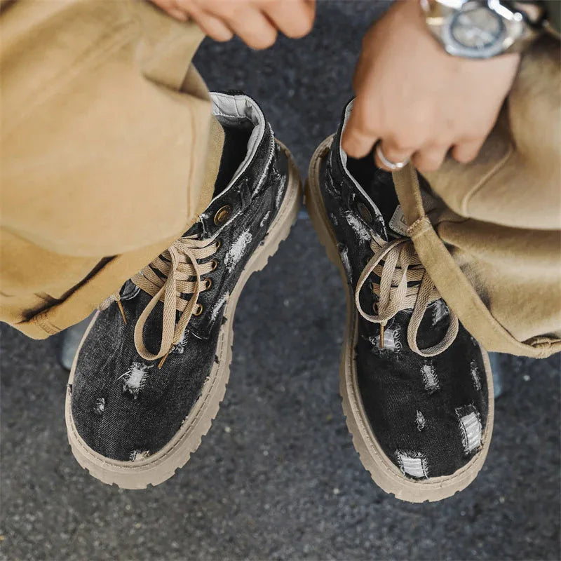 LUW Distressed Denim Combat Boots - Luxuryurbanwear