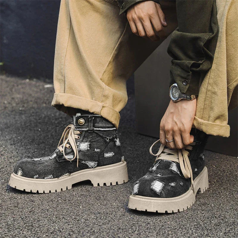 LUW Distressed Denim Combat Boots - Luxuryurbanwear