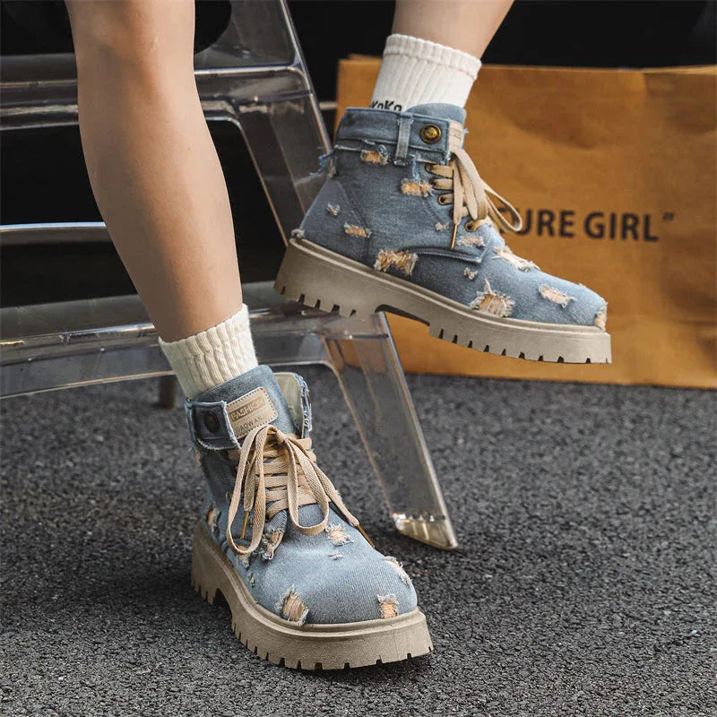 LUW Distressed Denim Combat Boots - Luxuryurbanwear