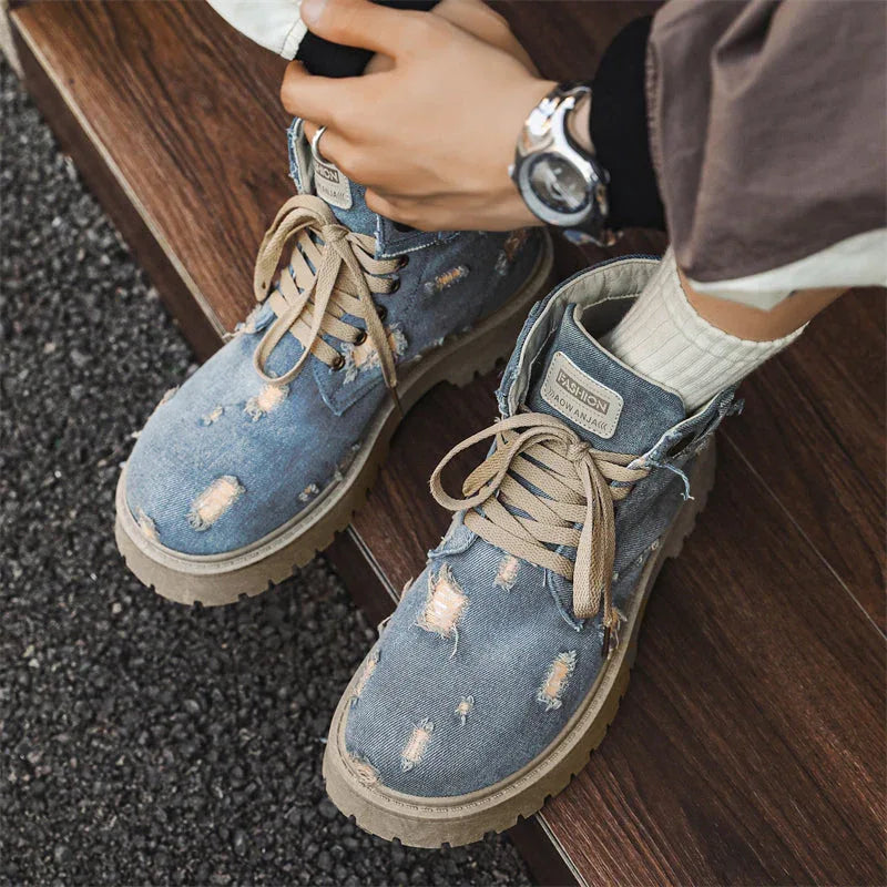 LUW Distressed Denim Combat Boots - Luxuryurbanwear