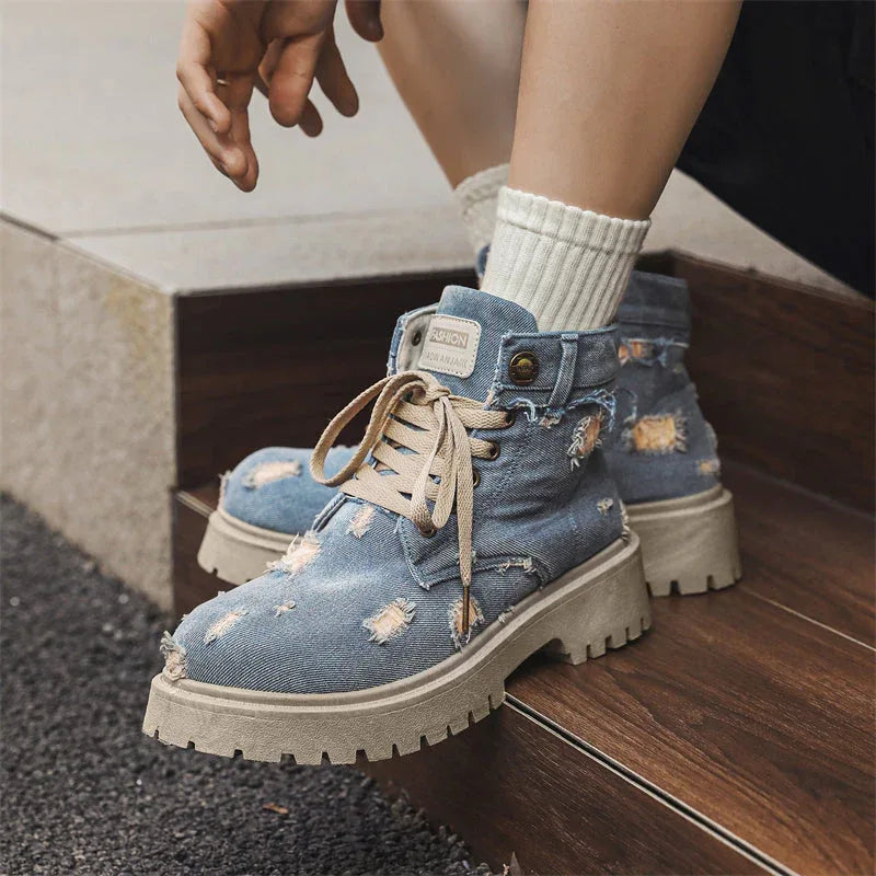 LUW Distressed Denim Combat Boots - Luxuryurbanwear
