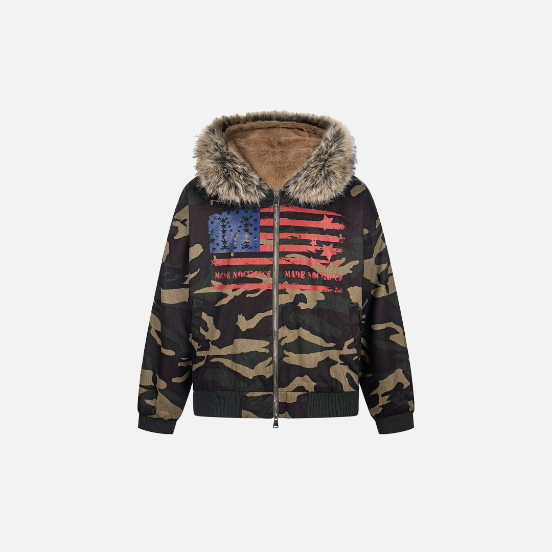 Camouflage Retro Print Faux Fur Hooded Jacket - Luxuryurbanwear