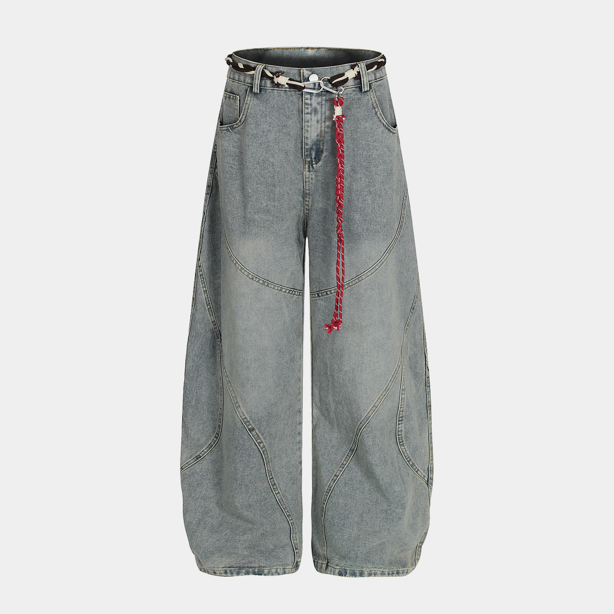 Denim Retro Belt Detail | Patchwork Barrel Jeans - Luxuryurbanwear