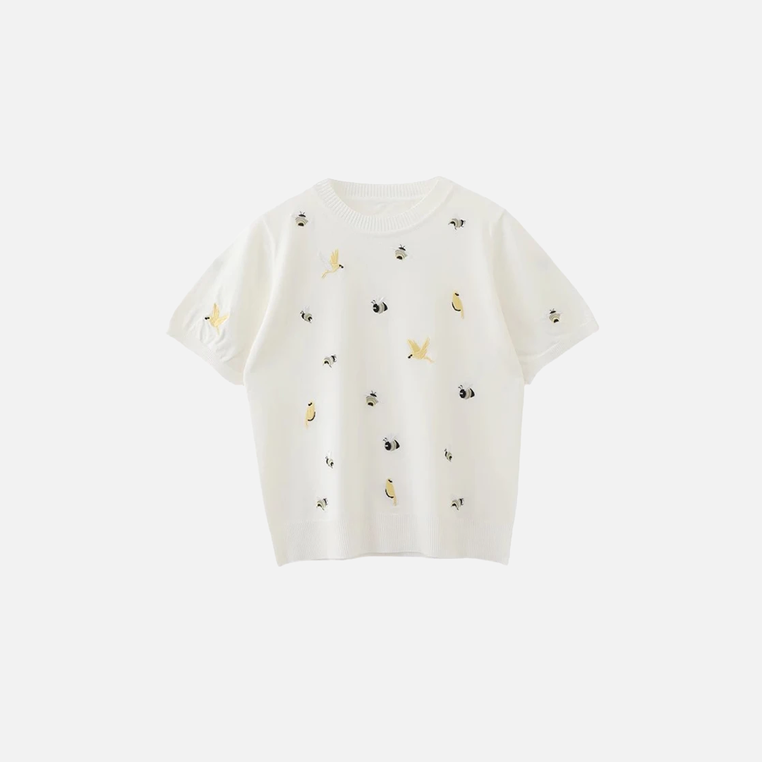 Bird Embroidery Round Neck Casual T-Shirt - Luxuryurbanwear