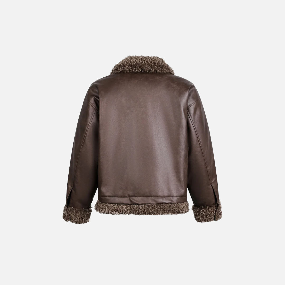 Retro High Street Sherpa Fur Collar Leather Jacket - Luxuryurbanwear