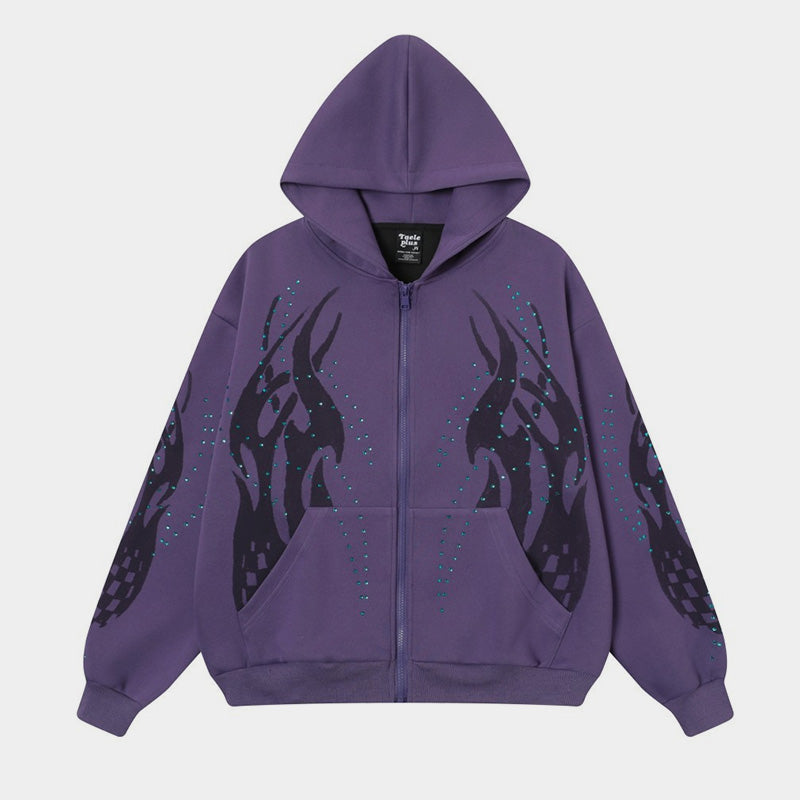 Flame Rhinestone | Y2K Zip-Up Hoodie - Luxuryurbanwear