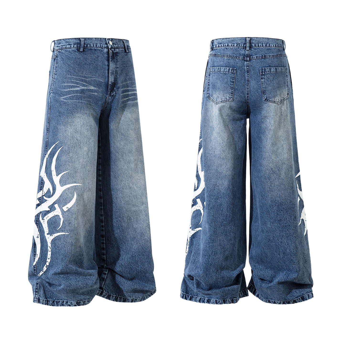 Tribal Print Washed | Baggy Jeans - Luxuryurbanwear