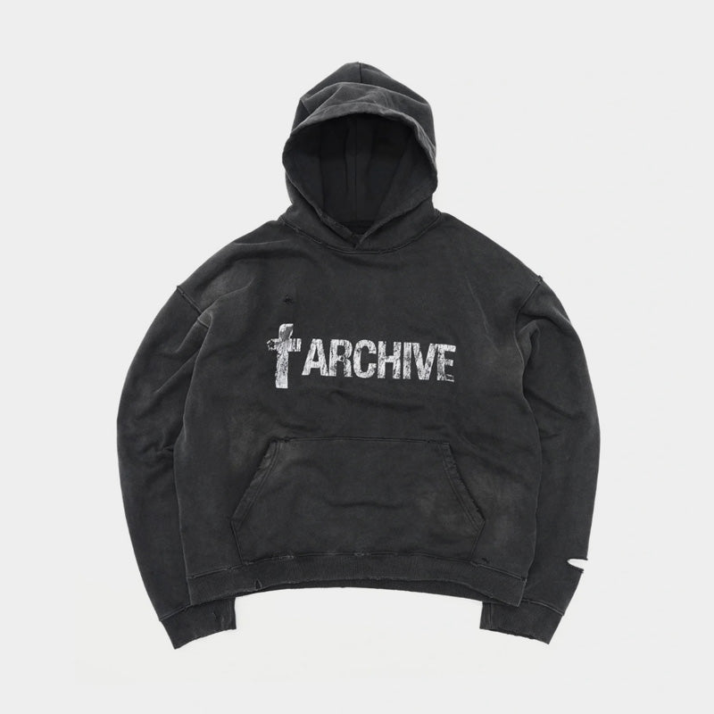 Heavyweight Distressed Washed Black Hoodie - Archive Style | LuxuryUrbanwear - Luxuryurbanwear