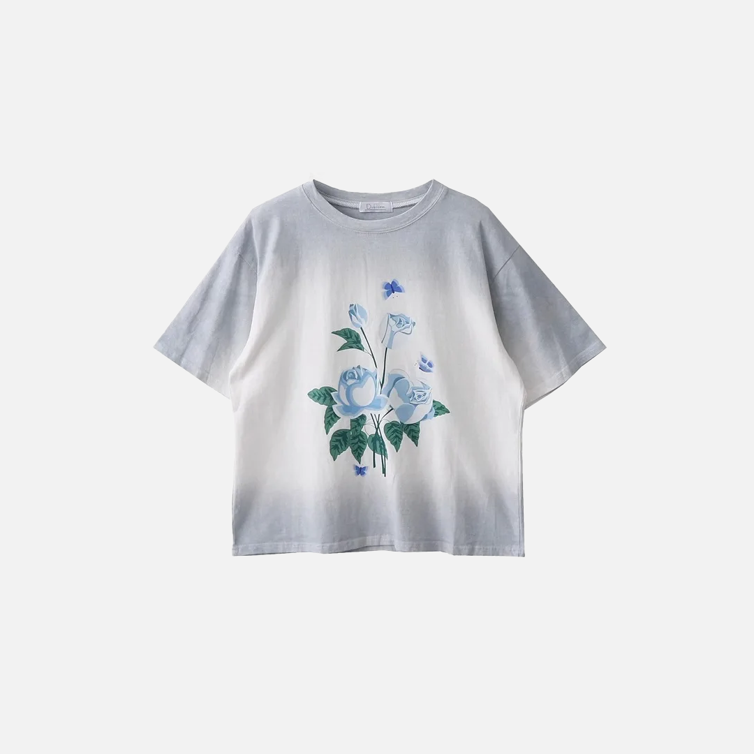 Loose Casual Chic Blue Rose T-Shirt - Luxuryurbanwear