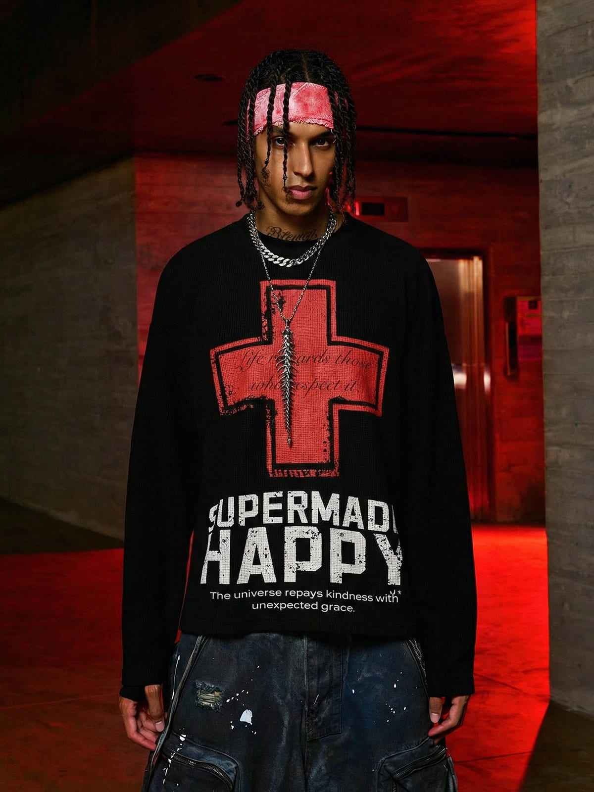 Street Cross Lettering Print Long-Sleeved T-Shirt