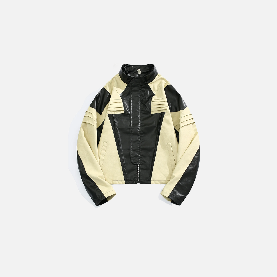 Pleated Contrast Biker Leather Jacket - Luxuryurbanwear