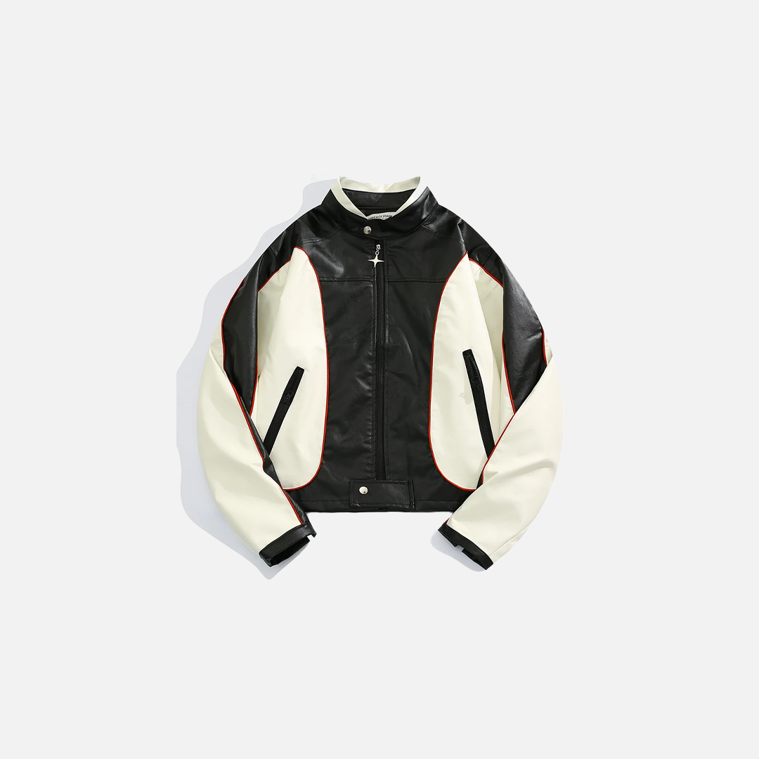 Stylish Contrast Color Spliced Motorcycle Leather Jacket - Luxuryurbanwear
