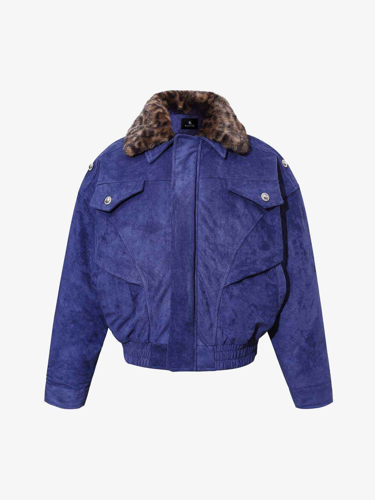 Retro Leopard Fur Collar Padded Bomber Jacket