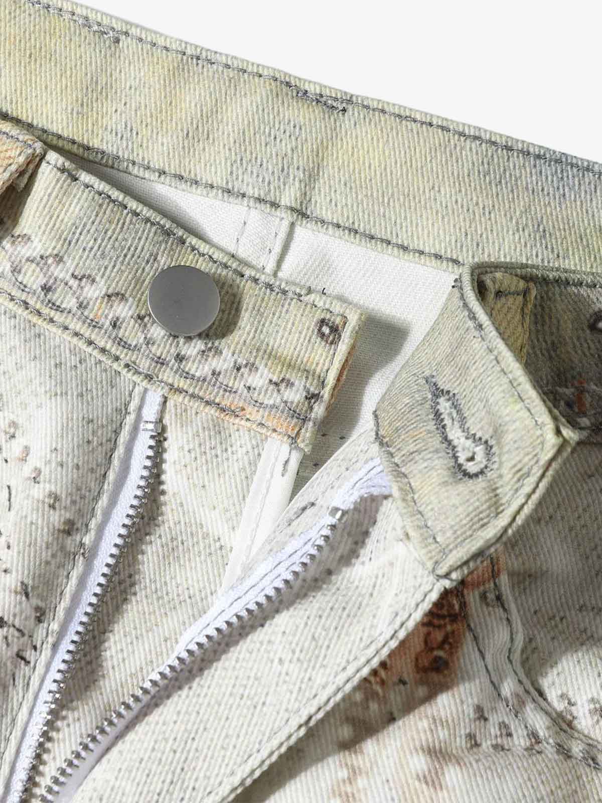 Street Tie-Dye Distressed Chain Detail 3D Printed Jeans - Luxuryurbanwear