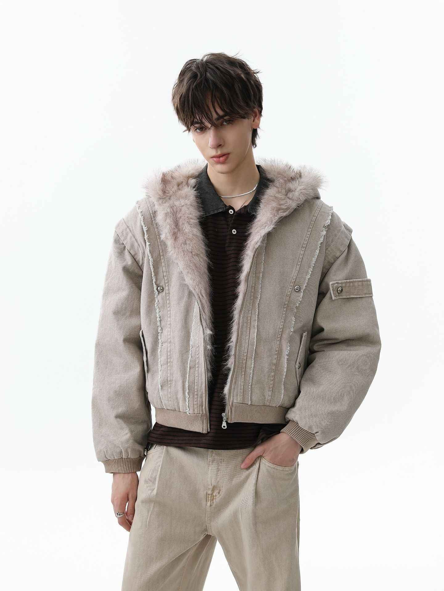 Retro Washed Fleece-lined Hooded Work Jacket