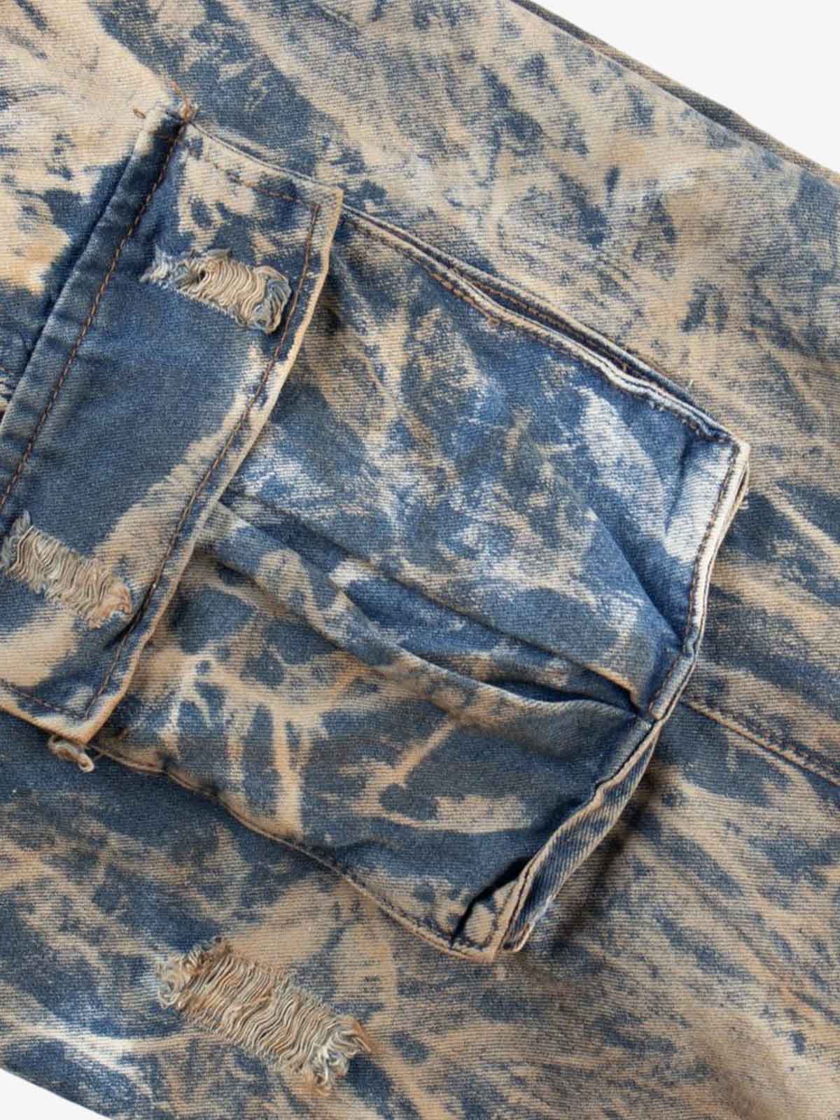 Double Waistband Acid Wash Patchwork Cargo Jeans - Luxuryurbanwear