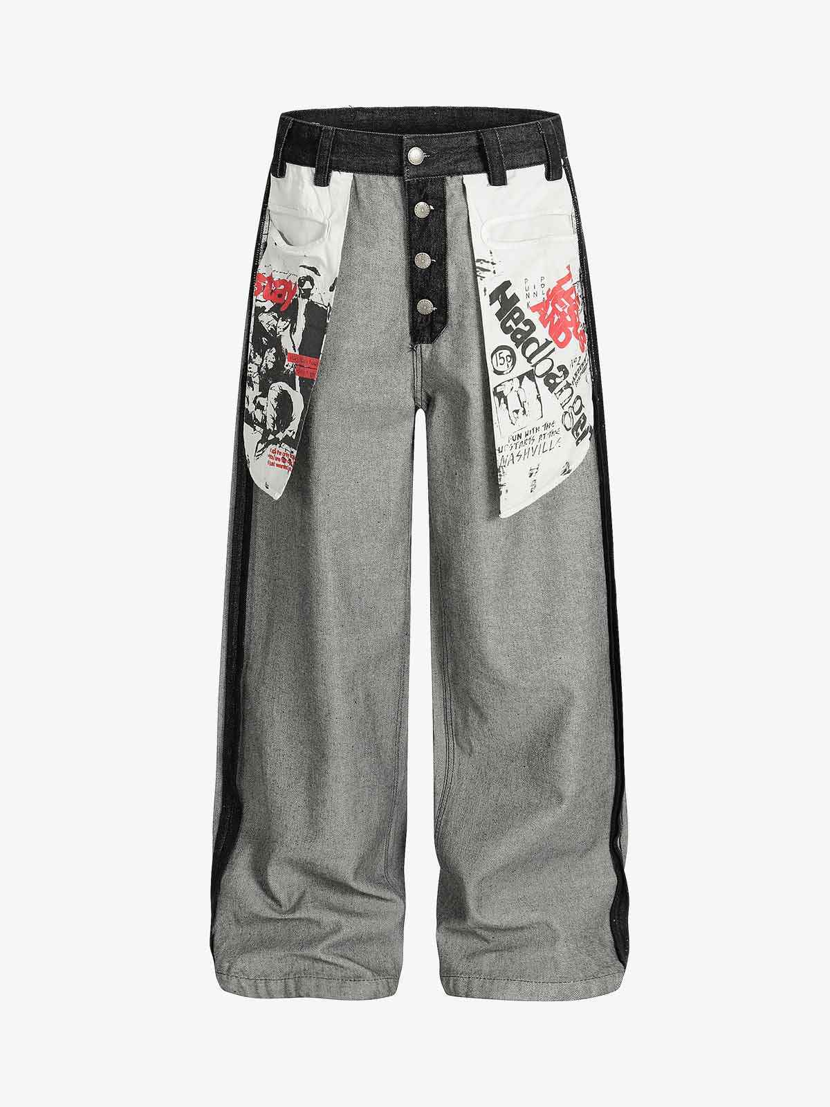 Distressed Reverse Design Large Pocket Printed Jeans - 2568