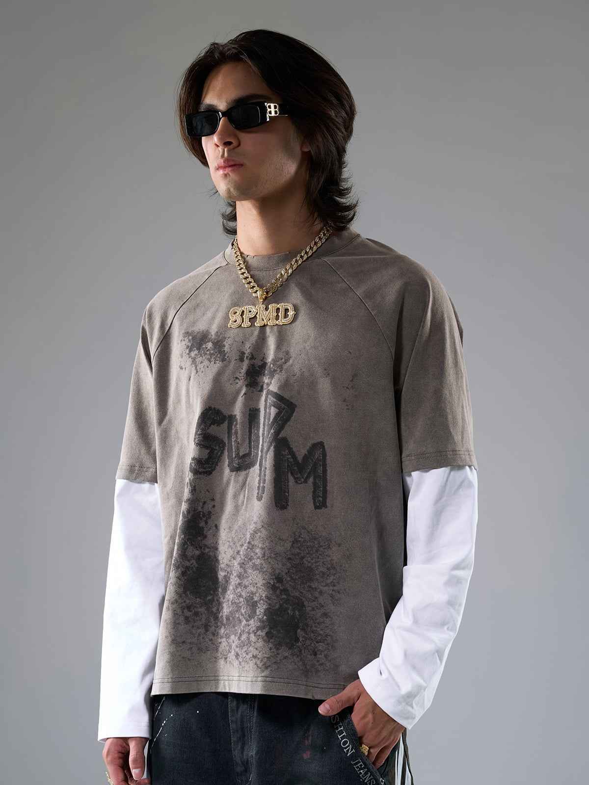 Washed Contrast Color Print Long Sleeve Cotton T-shirt