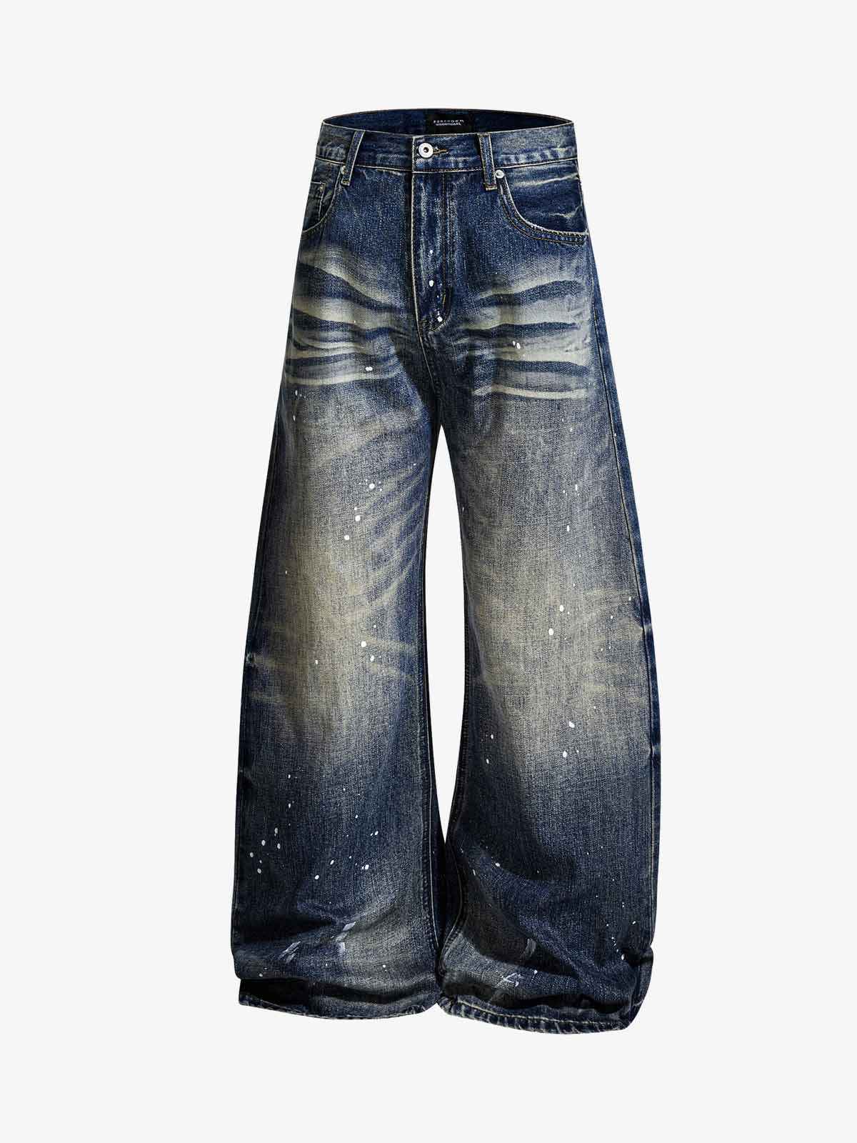 Washed Paint-Splatter Pleated Barrel Jeans