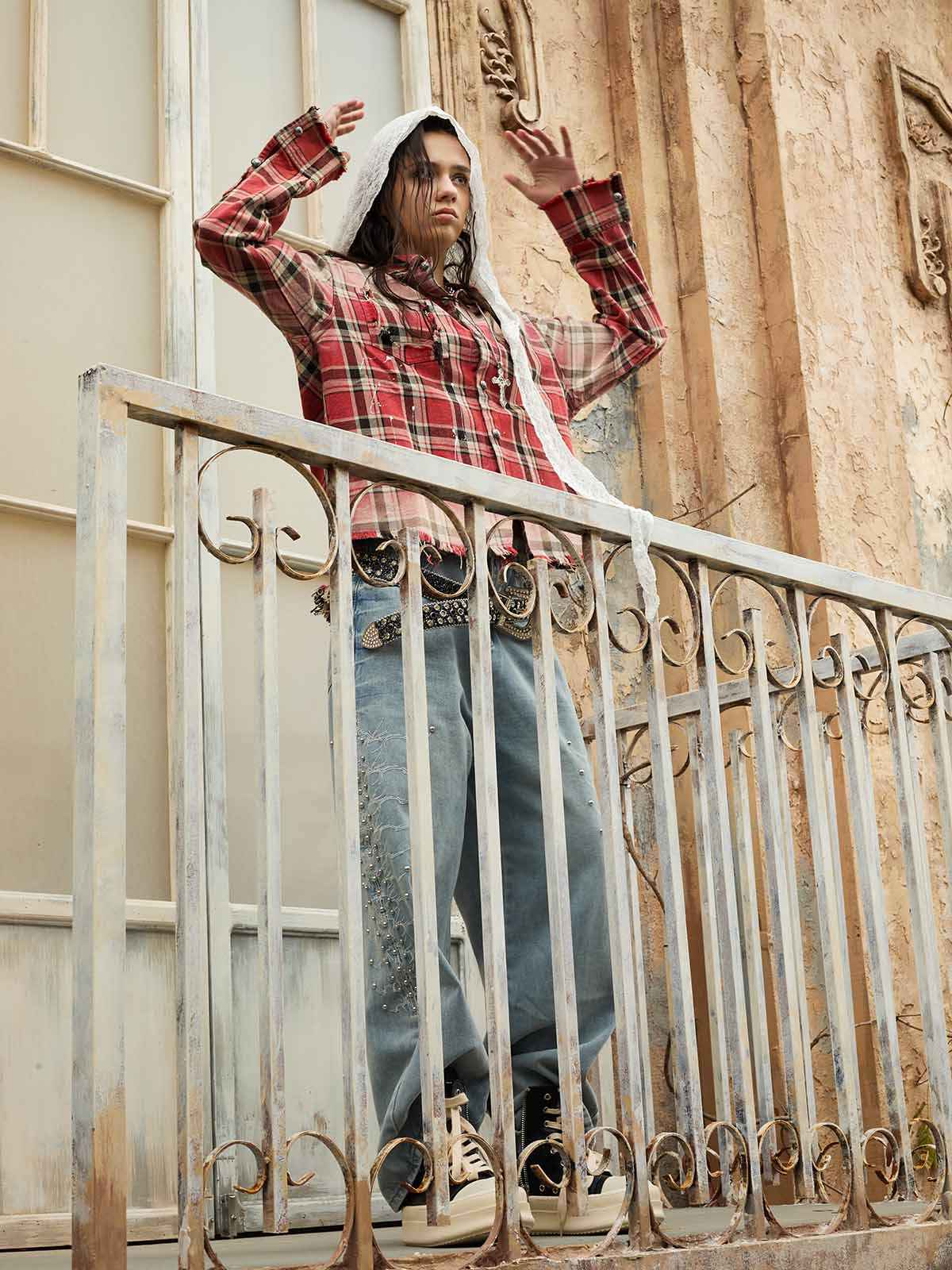 Paint Splatter Plaid Frayed Hem Button Up Shirt