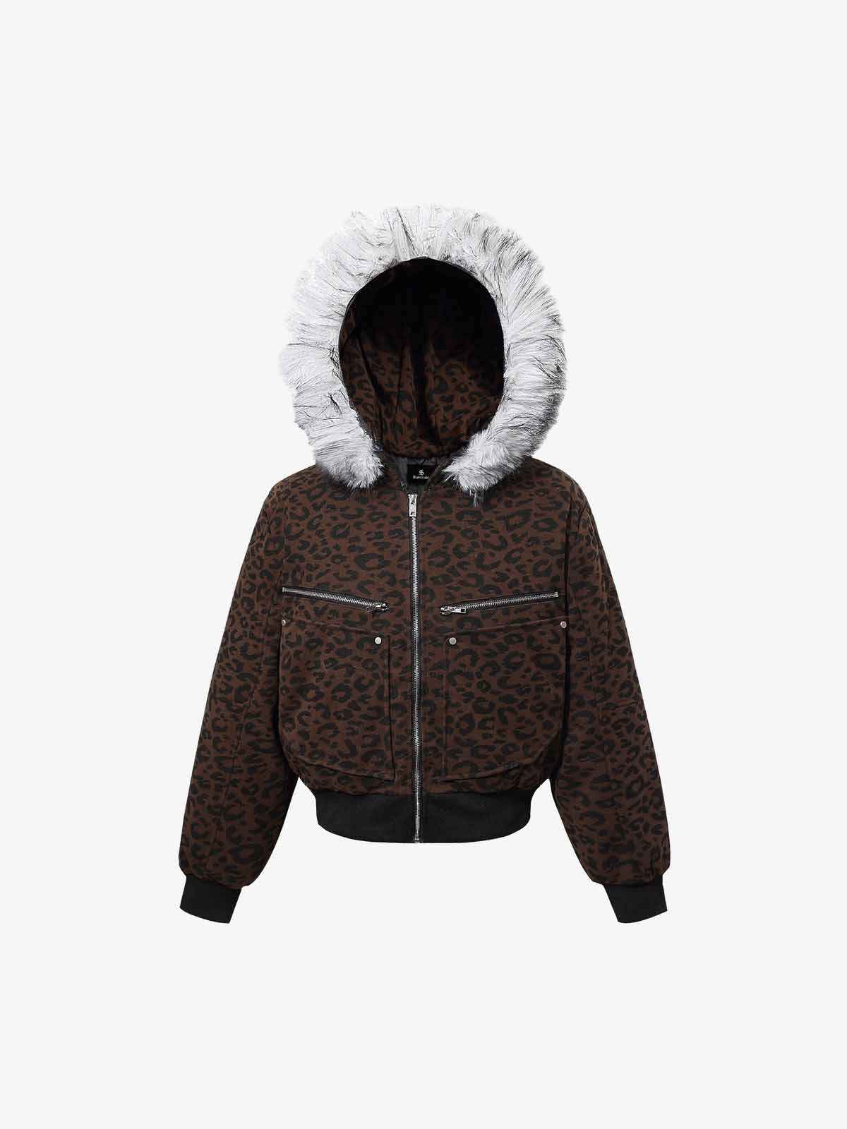 Retro Faux Fur Trimmed Hood Leopard Print Bomber Jacket