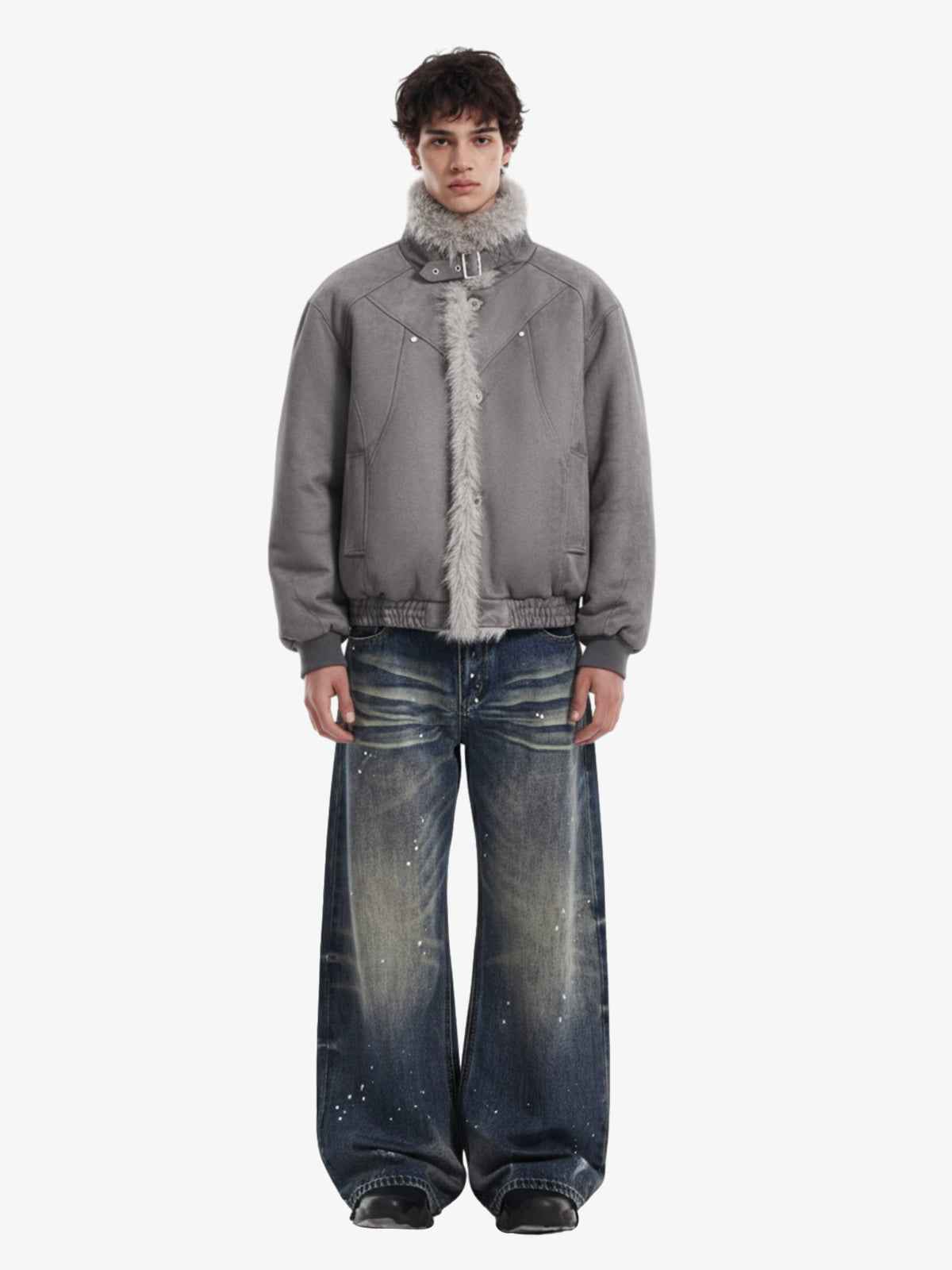Vintage Faux Fur Trimmed Suede Padded Bomber Jacket