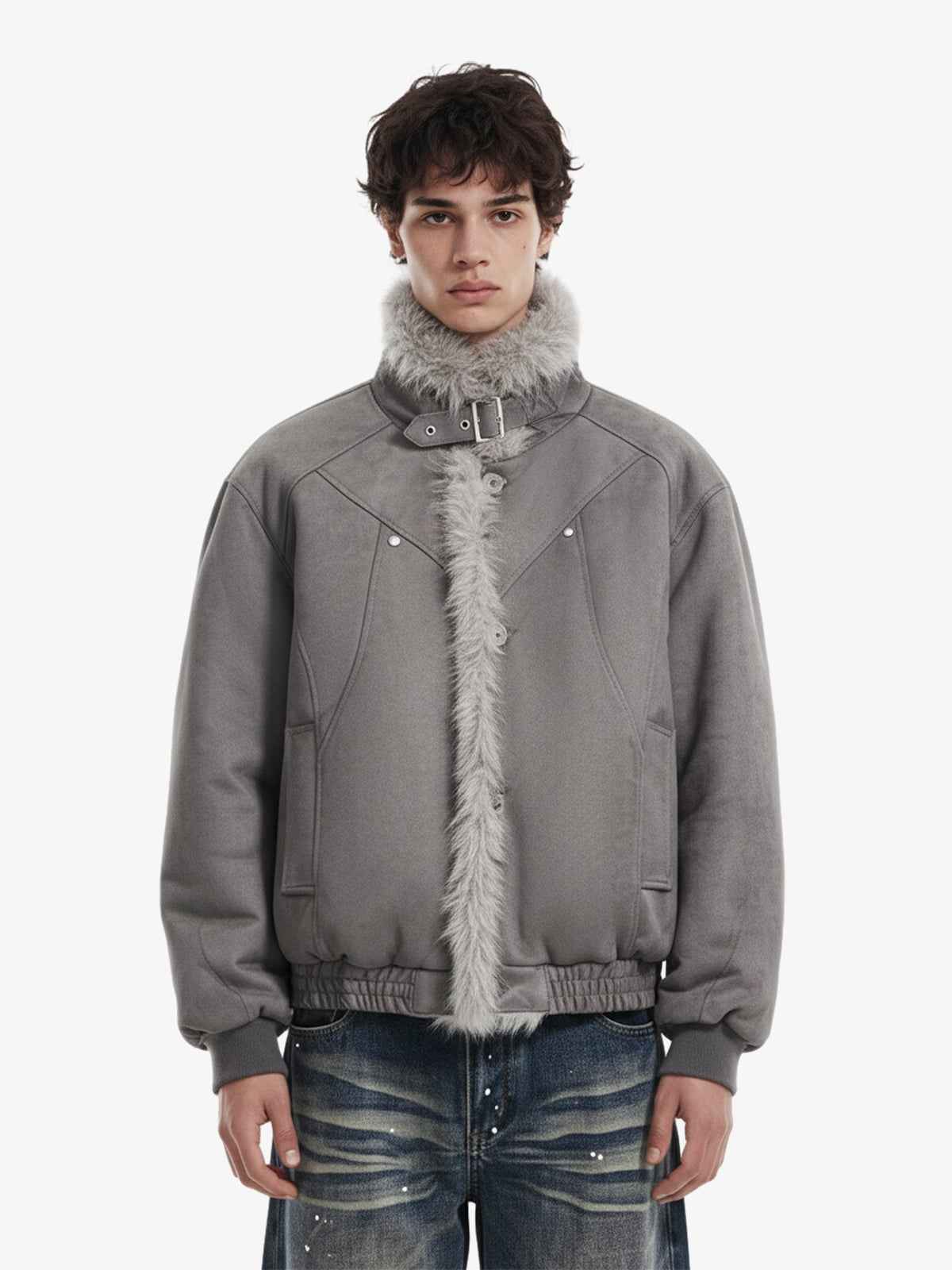 Vintage Faux Fur Trimmed Suede Padded Bomber Jacket