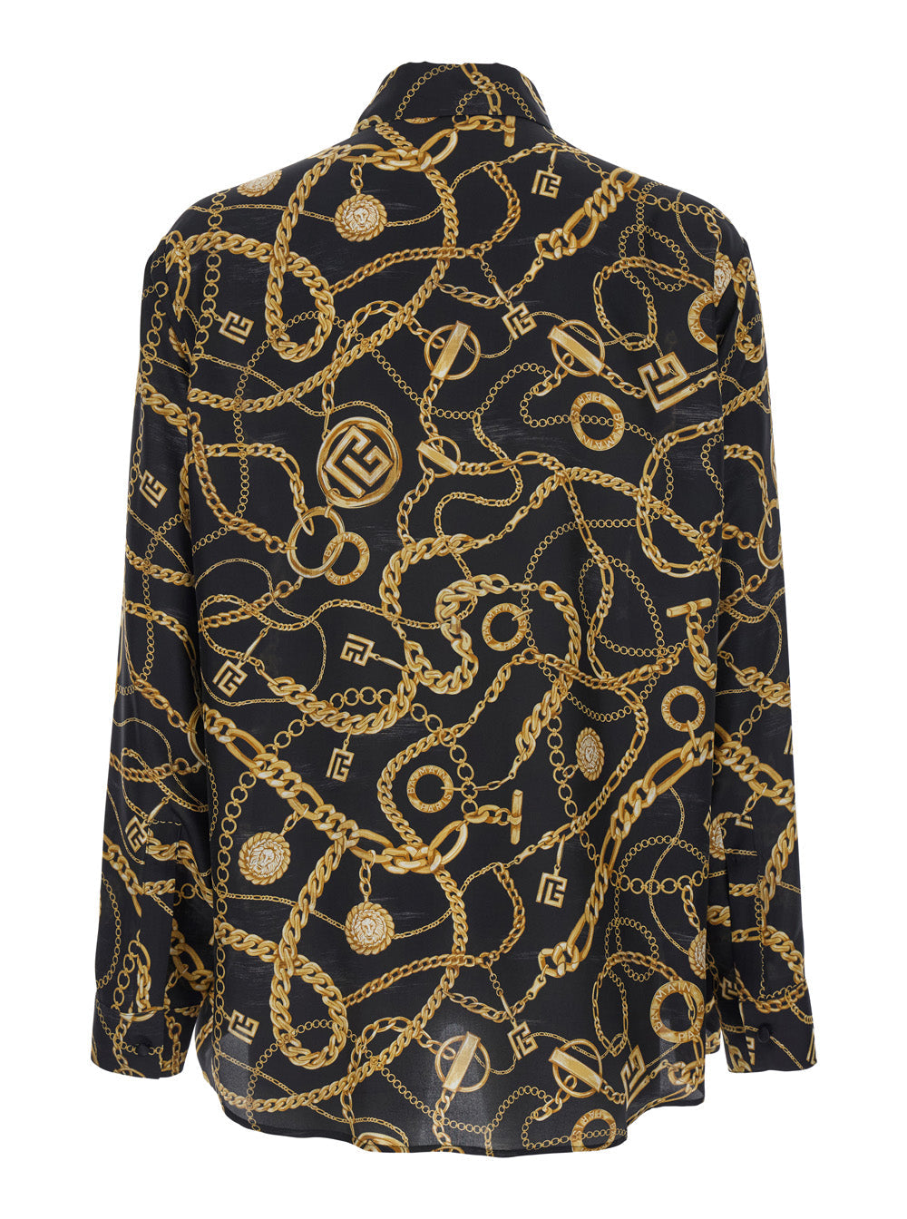 Balmain Men Black Shirt With Pointed Collar And Chain Print With Logo In Silk Man