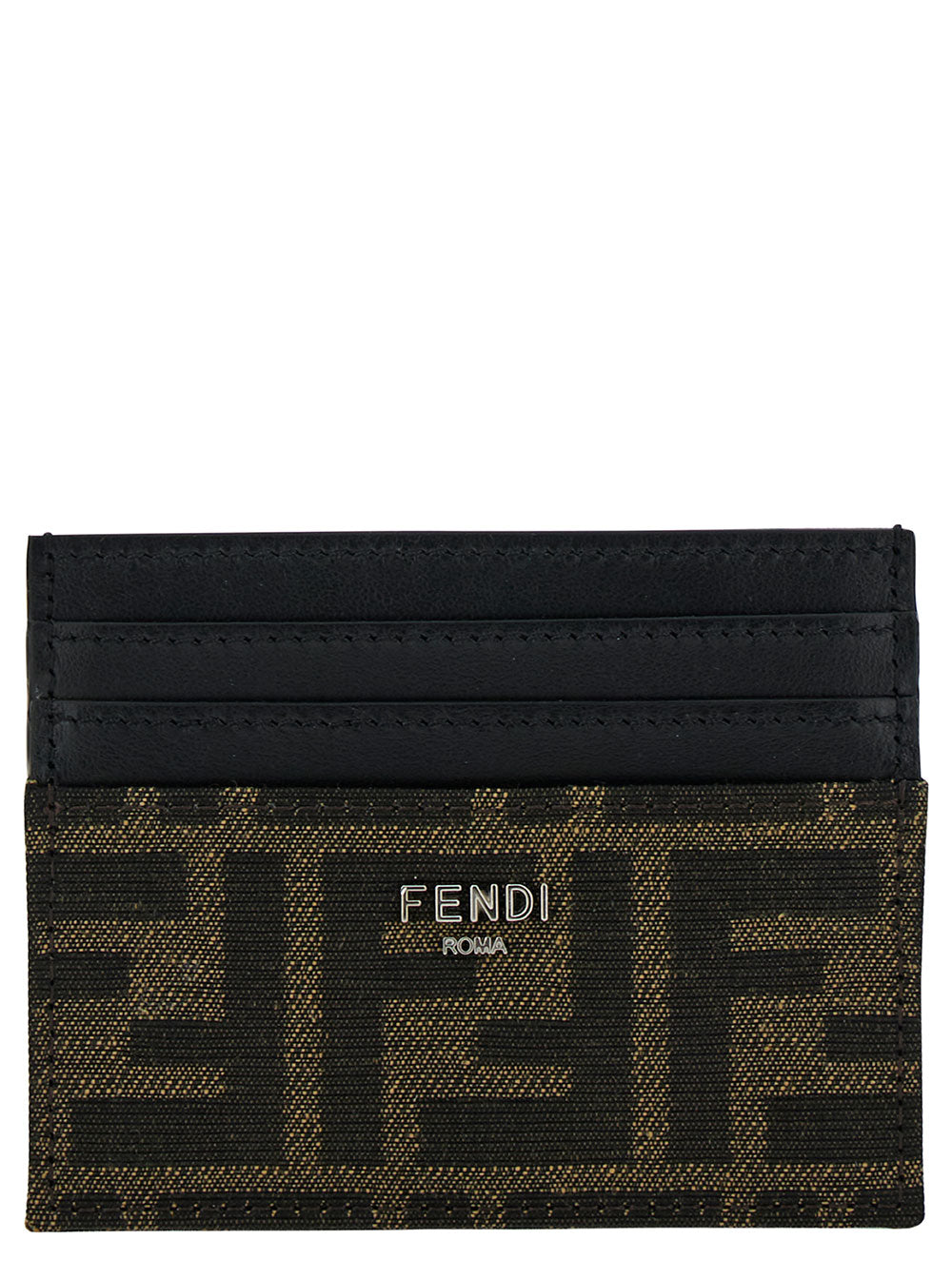 Fendi Men Ff Leather Cardholder With Metal Lettering Brown Men