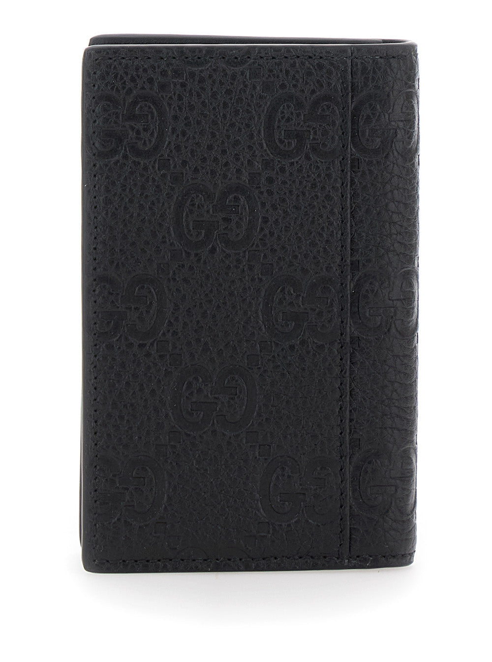 Gucci Men Black Gg Vertical Bi-Fold Wallet In Hammered Leather Man
