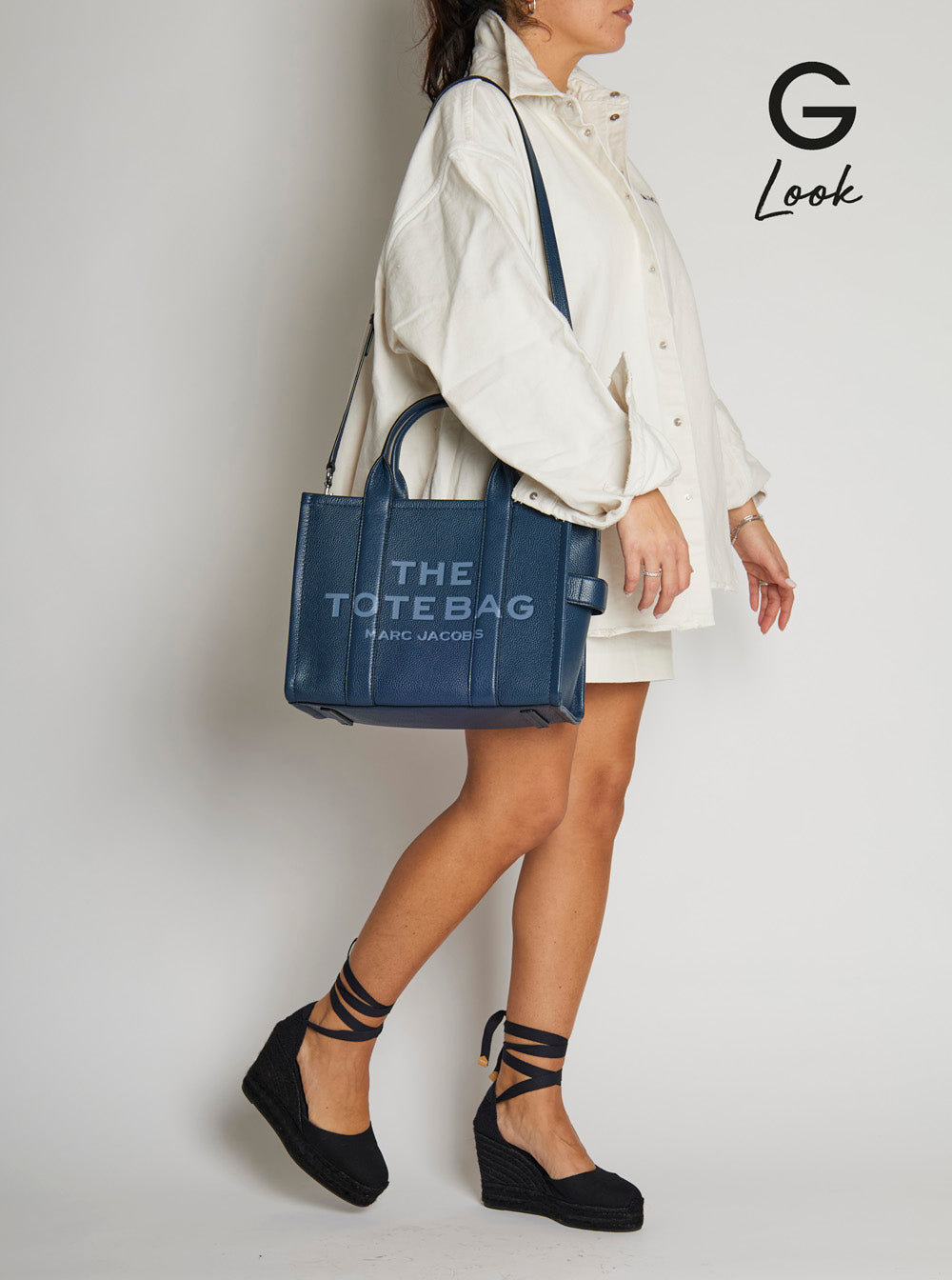 Marc Jacobs Women 'The Tote Bag Medium' Blue Bag With Printed Logo On Front In Hammered Leather Women