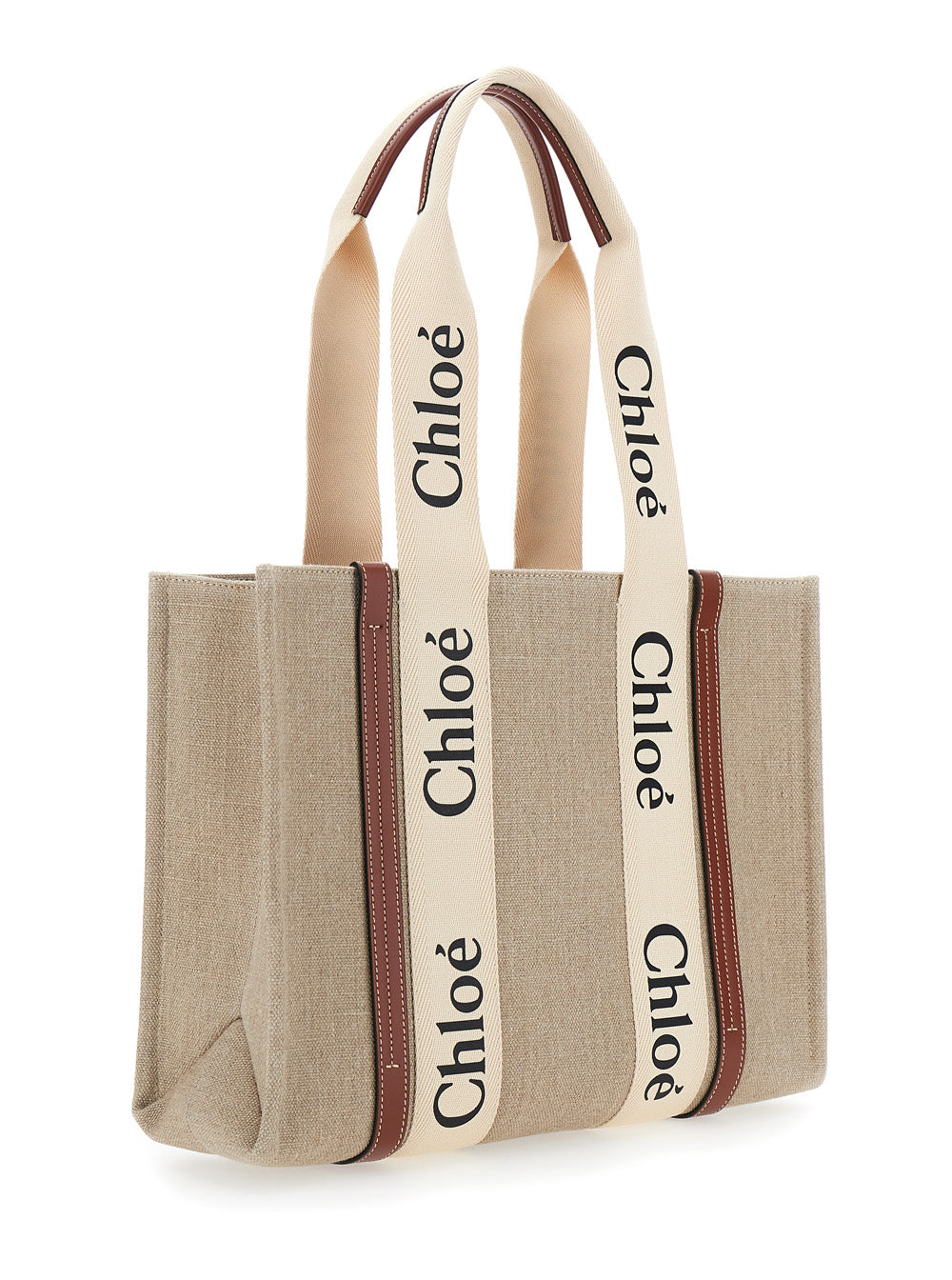 Chloé Women Handbag 'Woody' Medium With Logo Lettering On The Front In Beige Linen For Women
