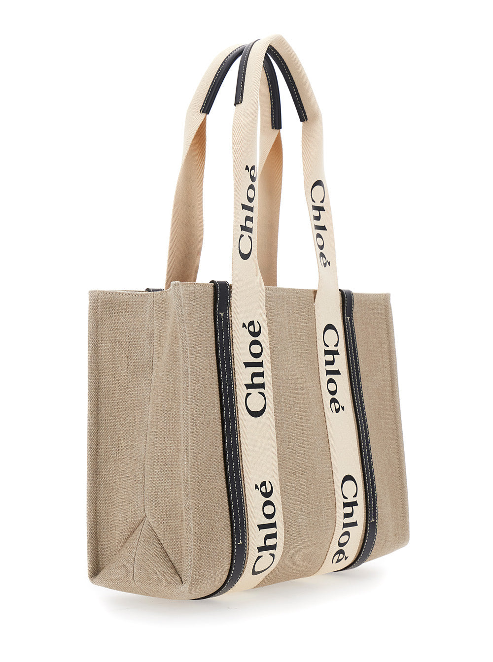 Chloé Women Handbag 'Medium Woody' With Logo Lettering On The Front In Beige Linen For Women