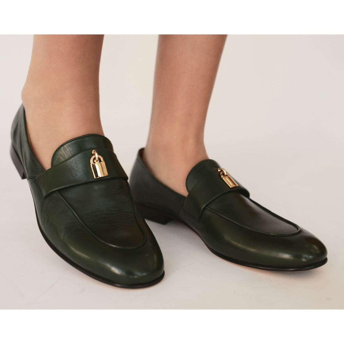 Green Leather Lock Flat Loafer