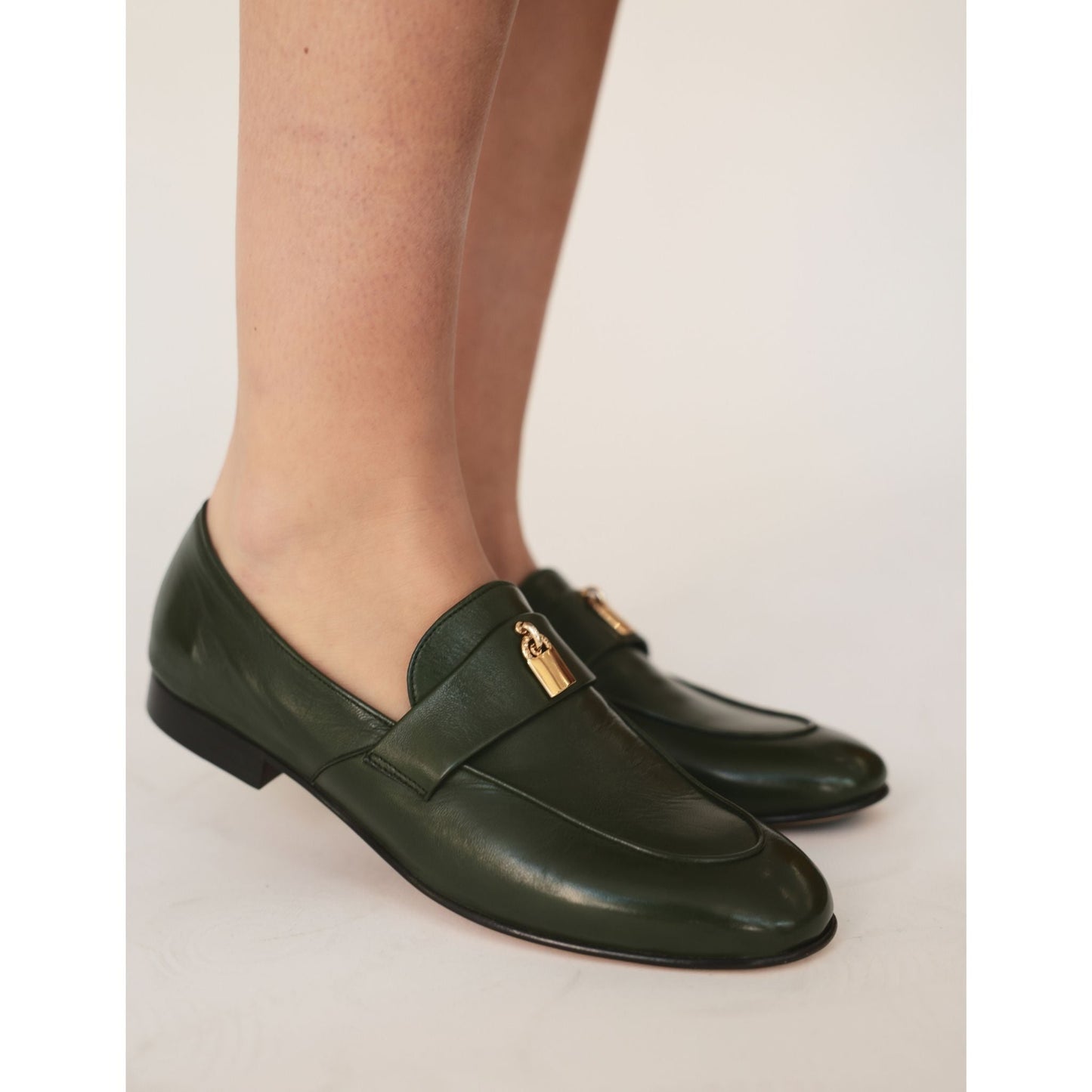 Green Leather Lock Flat Loafer
