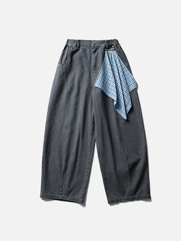Plaid Decorative With Scarf Loose Wide Leg Jeans - Luxuryurbanwear