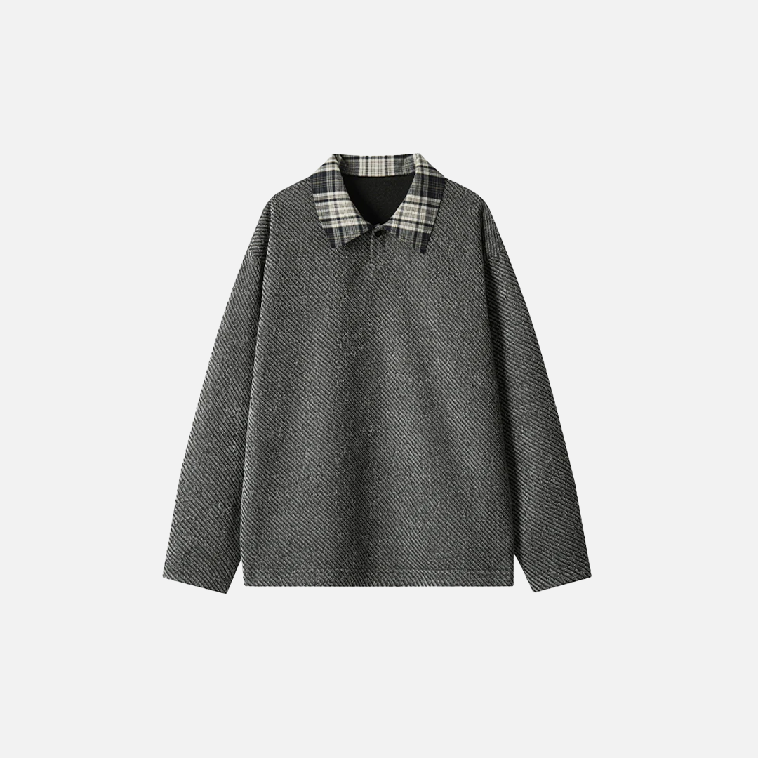Retro Checkered Turn Down Collar Striped Sweatshirt - Luxuryurbanwear