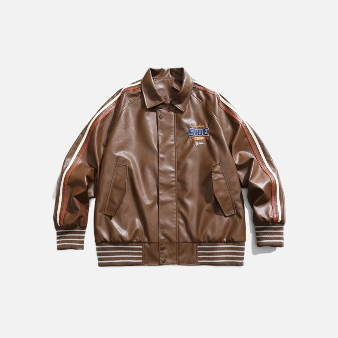 Y2K Elevated Solid PU Leather Motorcycle Varsity Jacket - Luxuryurbanwear