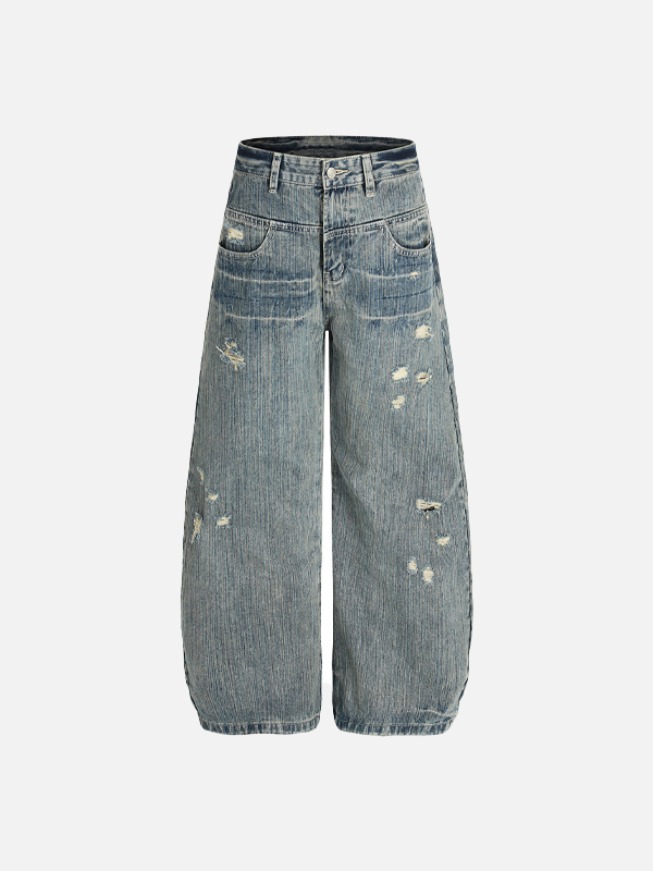 Streetwear Punk Distressed Washed Denim Wide Leg Jeans - Luxuryurbanwear